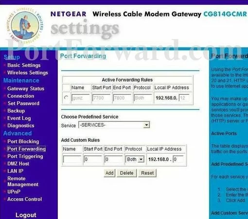 Netgear CG814GCMR port forward