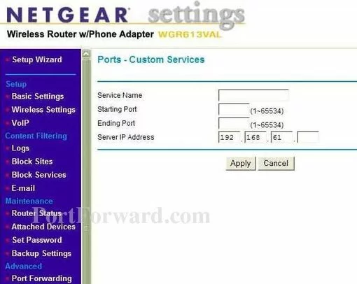 Netgear WGR613VAL port forward