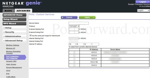 Netgear WNR2500 Port Forwarding Add