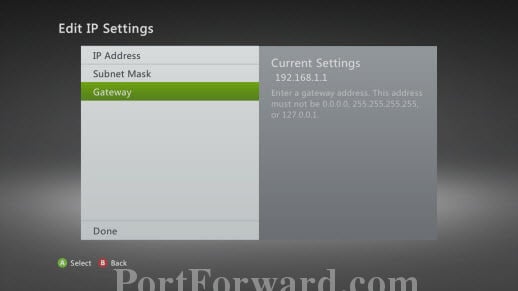 Xbox 360 Edit IP Settings Screen Highlighted Gateway