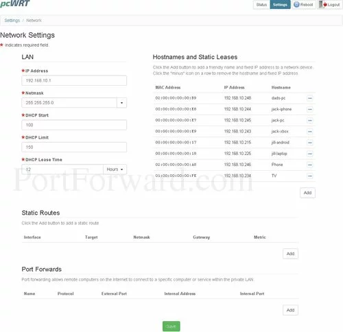 pcWRT TORONTO-N Network Settings