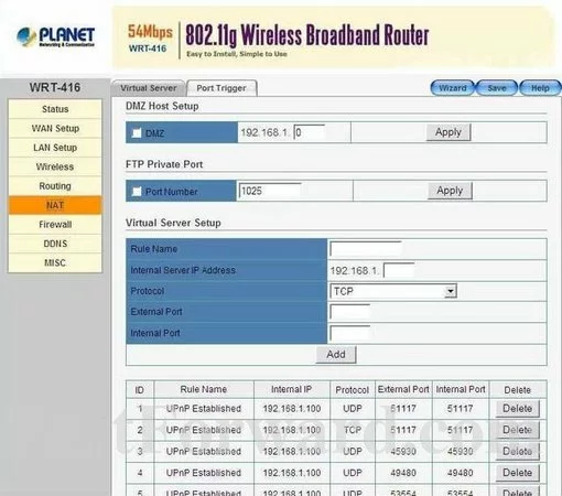 Planet WRT-416 port forward