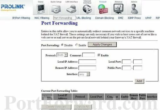 Prolink H9200AR port forward