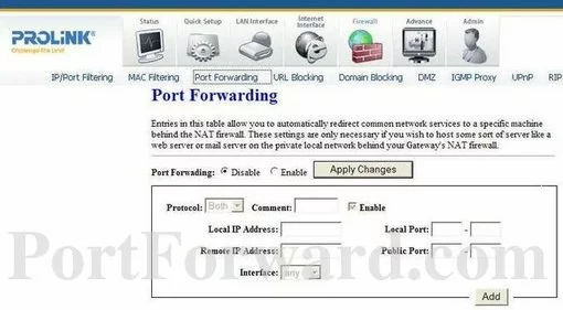 Prolink Hurricane5305G port forward