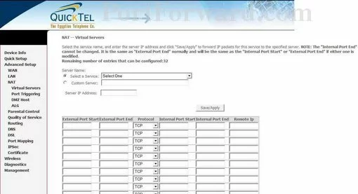 Quicktel QAR367EW port forward