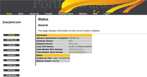 Sagemcom Fast 3284 Status General