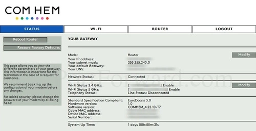 Sagemcom Fast 3686 V3ch Status