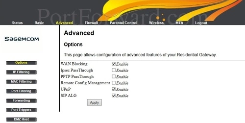 Sagemcom Fast 3686 Advanced Options