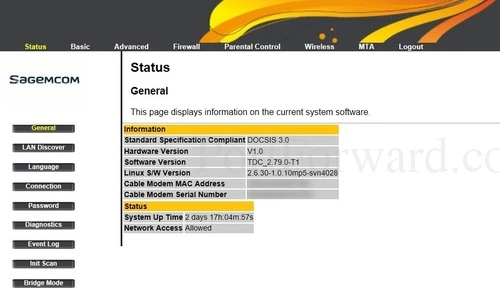 Sagemcom Fast 3686 General Status