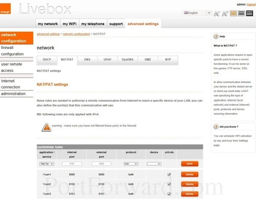 Sagemcom Orange Livebox 3 NAT PAT Settings