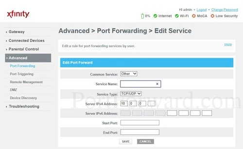 Scientific Atlanta DPC3941T Port Forwarding Edit Service