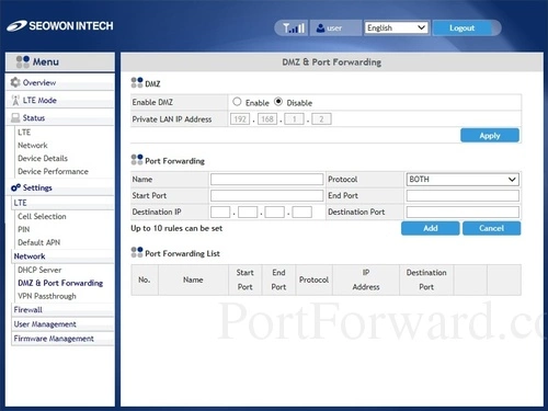 Seowonintech SLC-120S07OG DMZ and Port Forwarding