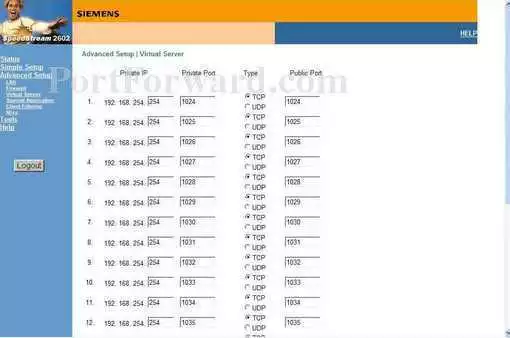 Siemens SpeedStream-SS2602 port forward