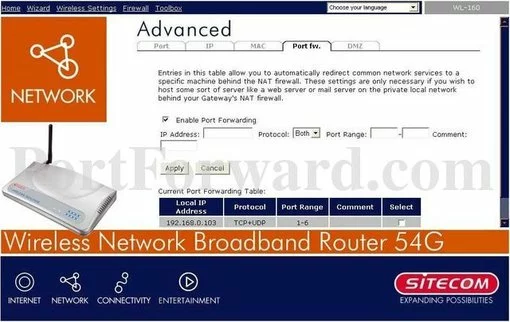 Sitecom WL-160 port forward