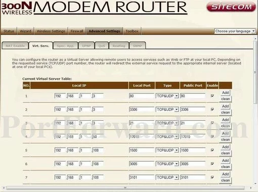 Sitecom WL-348 port forward