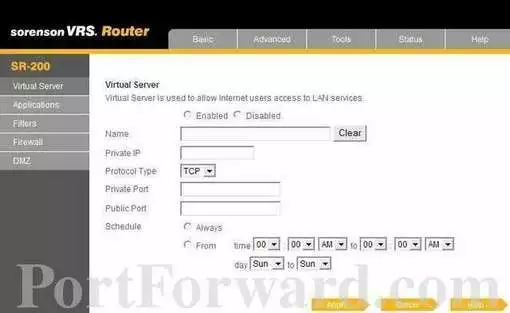 Sorenson VRS SR-200 port forward