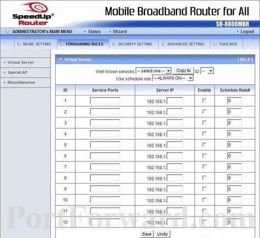 SpeedUp SU-8800MBR port forward