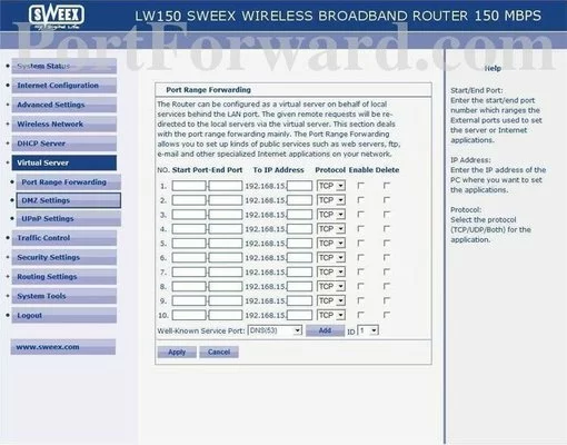 Sweex LW150 port forward