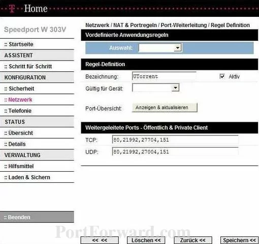 T-Com Speedport-W303V port forward