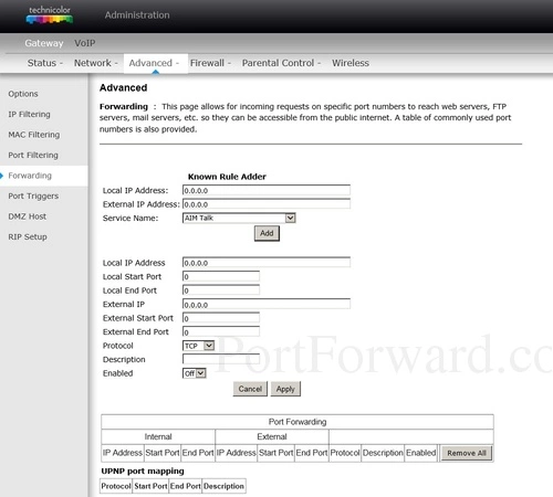 Technicolor 7300b Forwarding