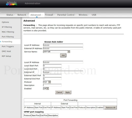 Technicolor TC7210.dNZ Forwarding Add