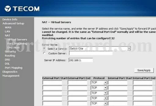 Tecom AR1031 port forward