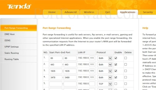 Tenda 11N Port Range Forwarding