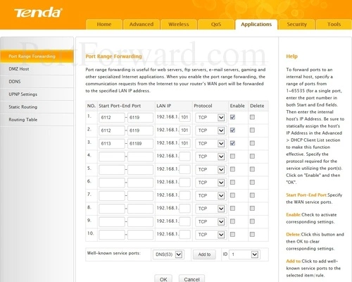 Tenda FH303 Port Range Forwarding