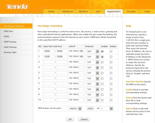 Tenda W303R Port Range Forwarding