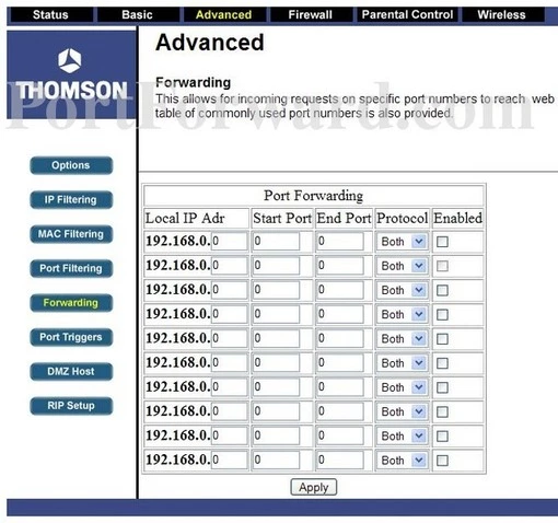 Thomson-Alcatel DCW725 port forward