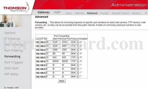 Thomson-Alcatel TWG-870U port forward