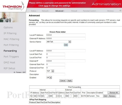 Thomson TCW770 port forward