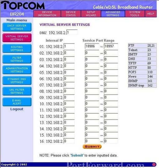 Topcom BR204 port forward