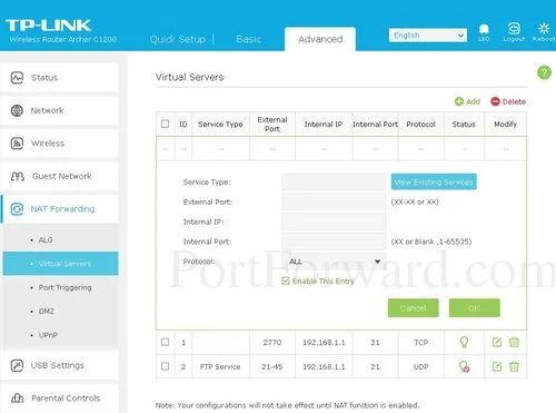 TP-Link Archer C1200 Virtual Servers Add