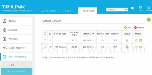 TP-Link Archer C1200 Virtual Servers