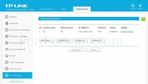 TP-Link Archer C1900 Virtual Servers