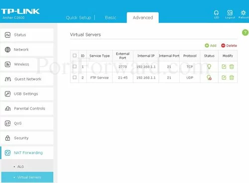 TP-Link Archer C2600 Virtual Servers