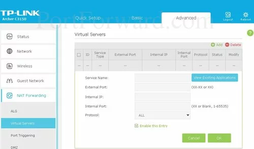 TP-Link Archer C3150 Virtual Servers Add