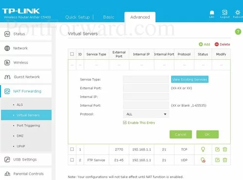TP-Link Archer C5400 Virtual Servers Add