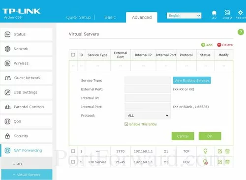 TP-Link Archer C59 Virtual Servers Add