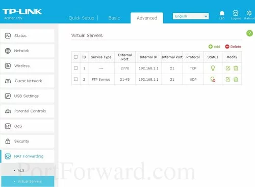 TP-Link Archer C59 Virtual Servers