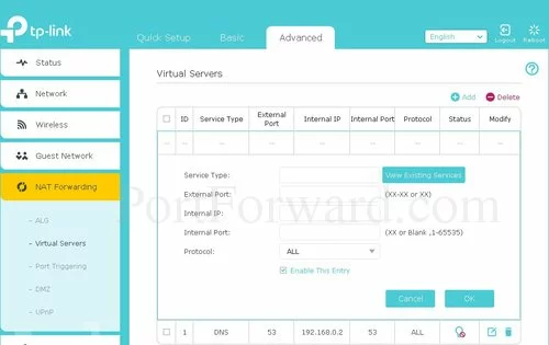 TP-Link Archer C8 Virtual Servers Add