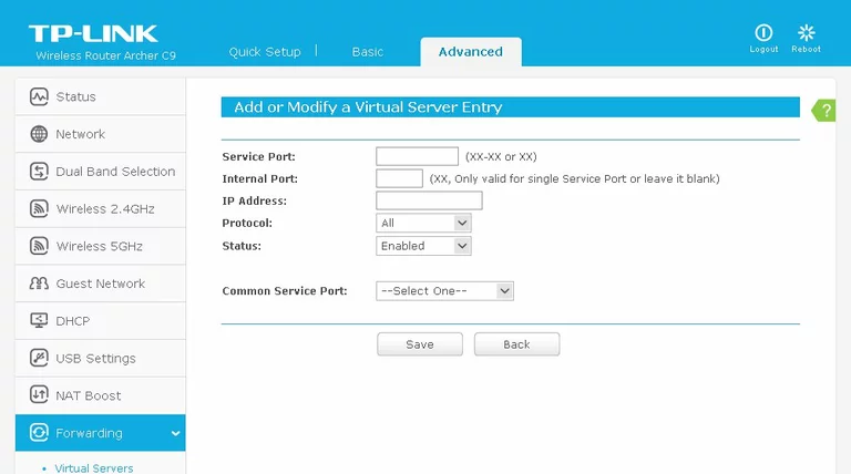 TP-Link Archer C9 Virtual Servers Add