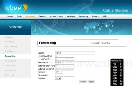 Ubee DVW326B Forwarding - Add