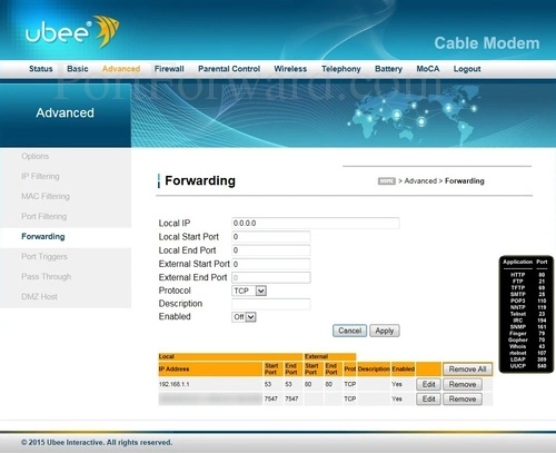 Ubee DVW32CB Forwarding