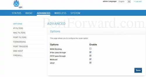 Ubee EVW3226 - upc Advanced Options