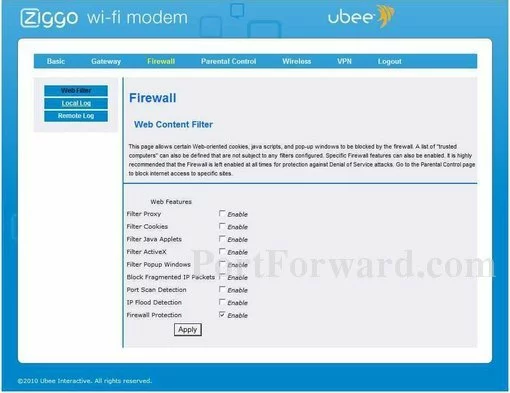 Ubee EWV3200 port forward