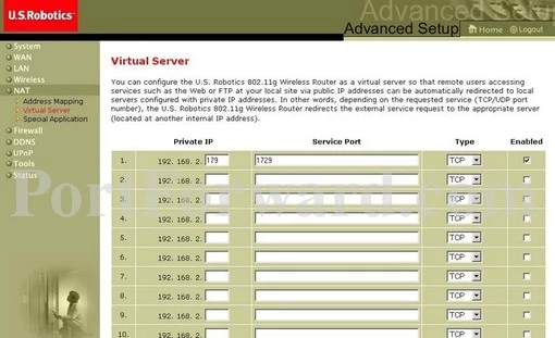US Robotics USR5462 port forward