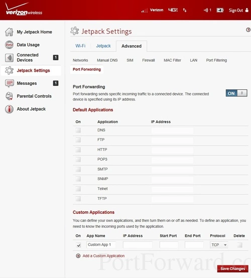 Verizon Jetpack MiFi 6620L Port Forwarding Add