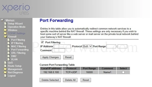 Xperio Labs XL-8121W12 Port Forwarding